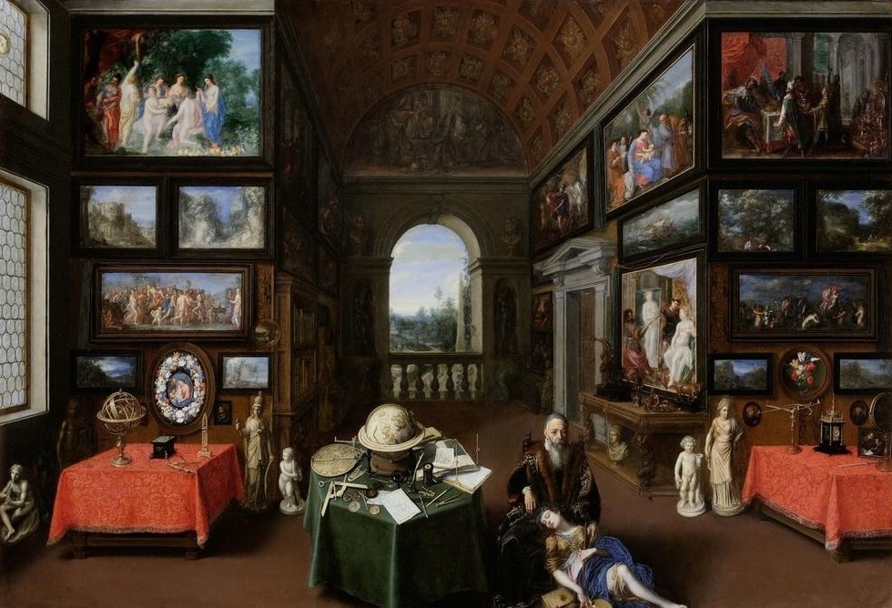 Jan Brueghel der Ältere, Inneres der Linder-Galerie (Interieur, Galerie, Bilder, Astrolabium, Astronomie,  Gelehrter, Geräte, Naturwissenschaftler, Gemäldegalerie, Himmelsglobus, Kunstsammler, Wissenschaft, Barock, Bild Im Bild, Kunstkammer, Barock, Wunschgröße, Klassiker, Blumenbrueghel, Samtbrueghel, Wohn)