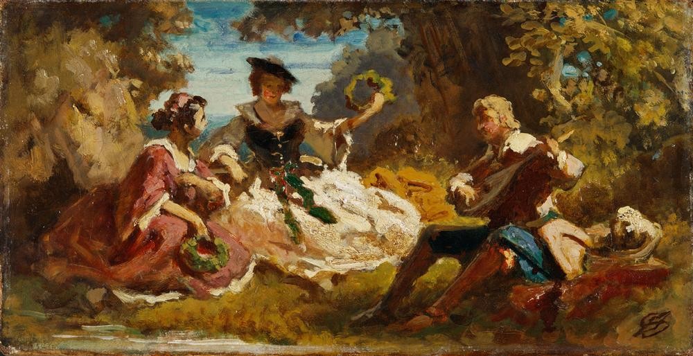 Carl Spitzweg, Des Sängers Lohn (Deutsche Kunst,Gesang,Konzert,Laute,Musiker,Musik,Instrument,Hahn Im Korb,Fetes Galantes,Im Freien (Allgemein))