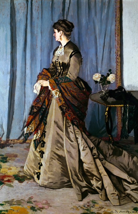 Claude Monet, Madame Louis Joachim Gaudibert (Damenmode,Frau,Mode,Teppich,Impressionismus,Portrait,Stola,Interieur,Bürgertum,Französische Kunst,Vorhang,Kleid,Geblümt,Ganzfigurig,Faltenwurf,Taftseide)