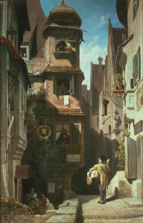 Carl Spitzweg, Der Briefbote im Rosental (Architektur,Brief,Deutsche Kunst,Fenster,Hutmacher,Paket,Post,Postbote,Schuhmacher,Storch,Strassenszene,Szene,Brunnen,Fassade,Biedermeier,Kleinstadt,Frauenbild,Heile Welt,Erwartung,Gasse,Pflasterstein,Frauenleben,Fensterladen,Storchennest,Dachziegel,Zwieb)