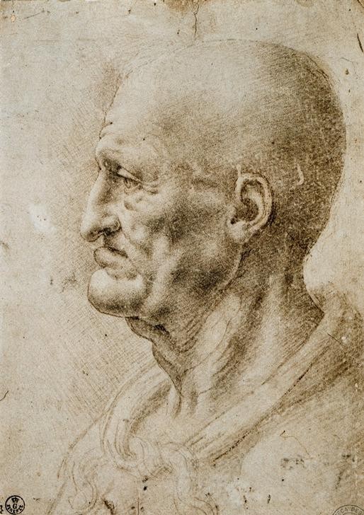 Leonardo da Vinci, Kopfstudie eines alten Mannes (Florentinische Kunst,Kunst,Mann,Mensch,Toskanische Kunst,Alter,Glatze,Portrait,Studie,Italienische Kunst,Physiognomik,Kopfstudie,Profil,Hakennase,Kopf,Alter Mann,Unterkiefer,Zahnlos,Falten (Physiognomie))