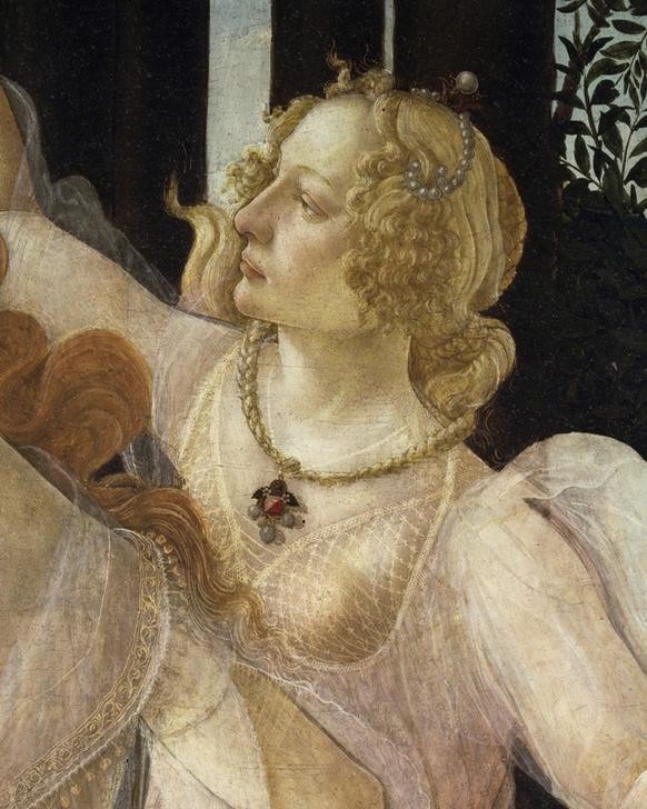 Sandro Botticelli, La Primavera (Frühling, Grazie, Flechtfrisur, Schönheit, Allegorie, Detail, Portrait, Mythologie, Renaissance, Klassiker, Schlafzimmer, Wohnzimmer, Wunschgröße, bunt)