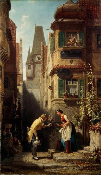 Carl Spitzweg, Der ewige Hochzeiter (Architektur,Deutsche Kunst,Fenster,Herrenmode,Junggeselle,Kaktus,Liebespaar,Mode,Schneider,Stände,Strassenszene,Szene,Turm,Wohnhaus (Allgemein),Zylinder (Hut),Hutlüften,Verbeugung,Fassade,Biedermeier,Kleinstadt,Weinranke,Neugier,Blumenstrauss,Heiratsantra)