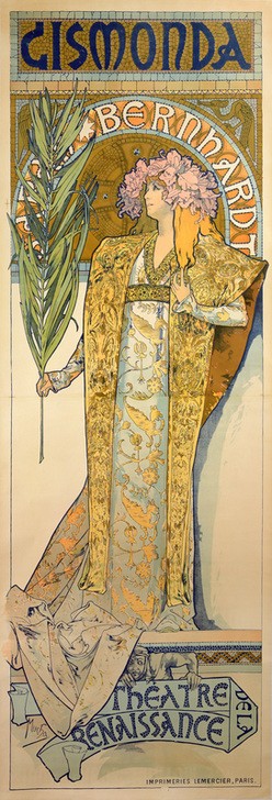 Unbekannt, Sarah Bernhardt as Gismonda  (Theater, Schauspielerin, Plakat, Théâtre de la Renaissance, Paris, Alfons Mucha, Jugendstil, Klassiker, Treppenhaus)