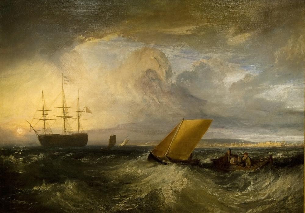 JOSEPH MALLORD WILLIAM TURNER, Sheerness as Seen from the Nore (Insel,Himmel (Natur),Kunst,Landschaft,Segelschiff,Sonnenuntergang,Meer,Marinemalerei,Englische Kunst,Welle,Natur,Romantik,Mündung)