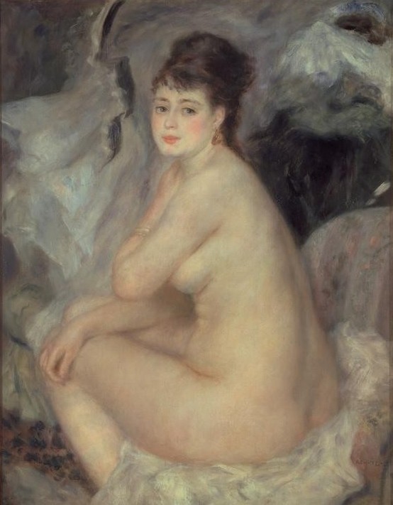 Pierre-Auguste Renoir, Weiblicher Akt (Aktmalerei, nackte Frau, Seitenakt, üppig, diffuser Hintergrund, Impressionismus, klassische Moderne, Wunschgröße, Wohnzimmer, Malerei)