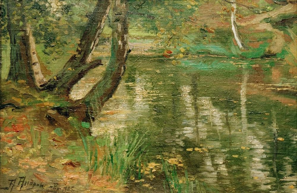 Anatolij Fedorovich Andronov, Sommerliche Flusslandschaft mit Bäumen (Kunst,Landschaft,Impressionismus,Fluss,Spiegelung,Russische Kunst,Jahrhundertwende,Privatsammlung,Baumstamm,Signatur)