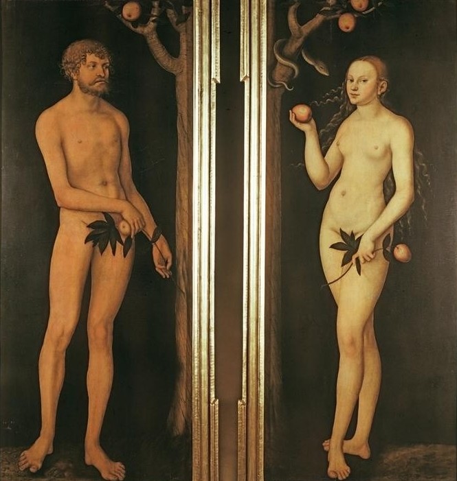 Lucas Cranach der Ältere, Adam und Eva (Adam, Eva, Sündenfall, Bibel, Altes Testament, Aktalerei, Apfel, Schlange, Baum Der Erkenntnis, Diptychon, Feigenblatt, Klassiker, Renaissance, Wunschgröße, Wohnzimmer)