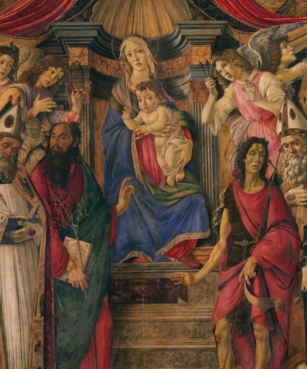 Sandro Botticelli, Thronende Madonna mit dem Kinde, Engeln (Sacra Conversazione, Maria, Jesus, Knabe, Heilige, Johannes der Täufer, Johannes der Evangelist, Erzengel, Frührenaissance, Neues Testament Christentum, relgiös, Wunschgröße, Malerei, Klassiker, Schlafzimmer, bunt)