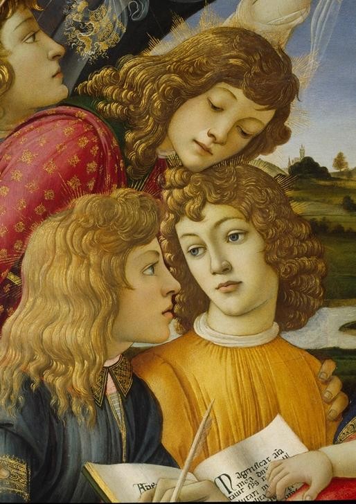 Sandro Botticelli, Maria mit Kind und fünf Engeln (Detail, Symbolik, Engel, goldenes Buch, Schreibfeder, Renaissance, Klassiker, Wunschgröße, Schlafzimmer, Wohnzimmer, bunt,)