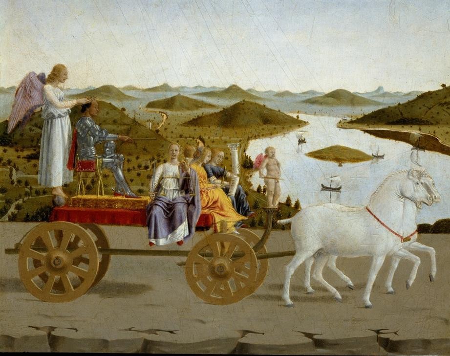 Piero della Francesca, Triumphzug des Herzogs von Urbino (Engel,Geschichte,Herzog,Landschaft,Pferdewagen,Renaissance,Allegorie,Tugend,Portrait,Triumphzug,Italienische Kunst,Gerechtigkeit,Gespann,Tapferkeit,Kardinaltugend,Person,Ausschnitt)