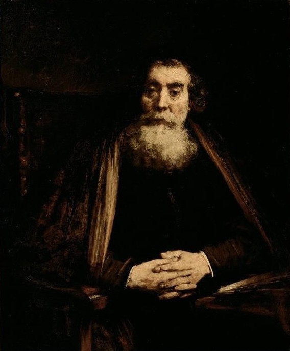 Rembrandt Harmenszoon van Rijn, Bildnis eines alten Mannes (Geistlicher,Juden,Jüdische Religion,Kunst,Mann,Mensch,Rabbiner,Alter,Bart,Barock,Hand,Portrait,Helldunkel,Niederländische Kunst,Holländische Kunst,Vollbart,Alter Mann,Sitzen,Händefalten,Halbfigur)