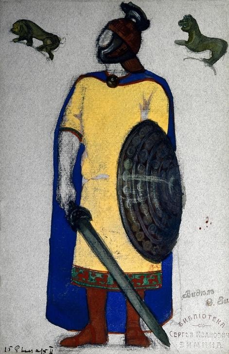 Nikolai Konstantinowitsch Roerich, Tristan u. Isolde  (Figurine,Helm,Kunst,Mann,Militär,Musik,Oper,Schild (Schutz),Schwert,Soldat,Theater,Russische Kunst,Person)
