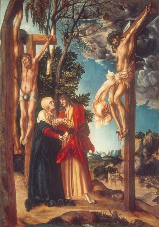 Lucas Cranach der Ältere, Die Klage unter dem Kreuz (Kreuzigung, Golghata, Kalvarienberg, Maria, Johannes, Passion, Religion, Klassiker, Renaissance, Wunschgröße, Wohnzimmer,)