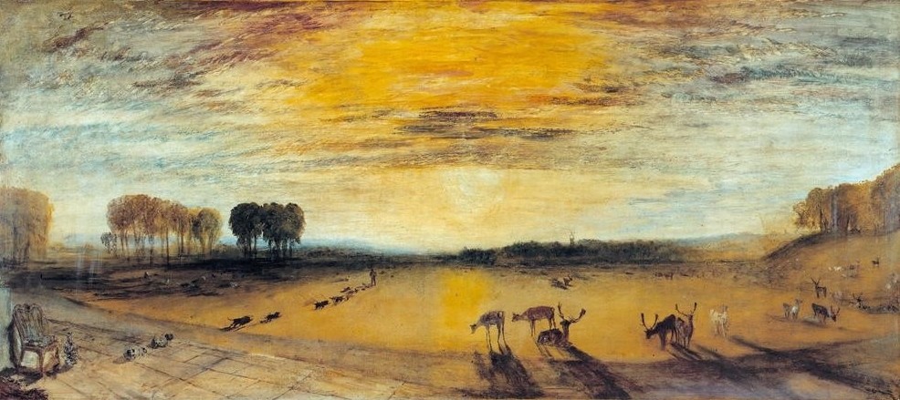 JOSEPH MALLORD WILLIAM TURNER, Petworth Park: Tillington Church in the Distance (Hirsch,Landschaft,Park,Zoologie,Englische Kunst,Rotwild,Dämmerung,Romantik)