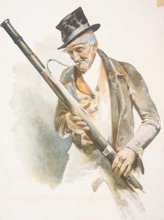 J. Trojan, Der alte Musikant (Blasinstrument,Deutsche Kunst,Fagott,Literatur,Mann,Musikliebhaber,Musik,Alter,Instrument,Strassenmusikant,Gedicht,Illustration,Lyrik,Alter Mann,Fagottist)