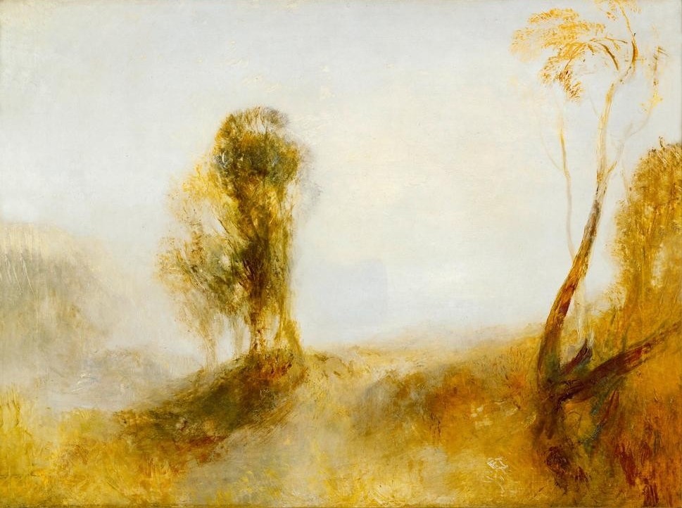 JOSEPH MALLORD WILLIAM TURNER, Sunrise: a castle on a bay (Landschaft,Meteorologie,Wetter,Tageszeiten,Morgen,Impressionismus,Sonnenaufgang,Nebel,Englische Kunst,Dämmerung,Romantik)