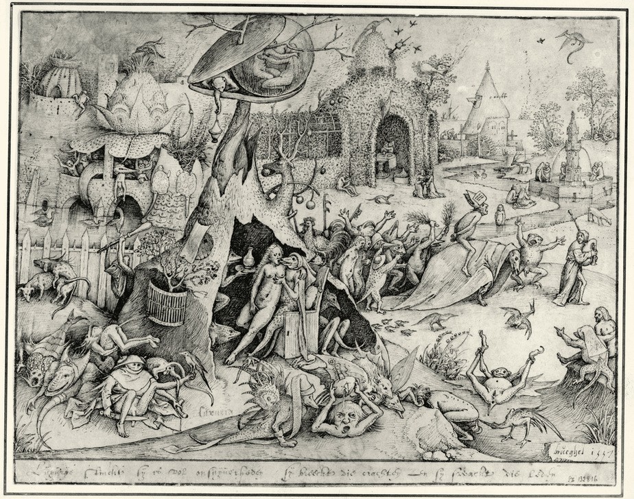 Pieter Brueghel der Ältere, Luxuria (Laster, Sünde, Orgien, wolllust, perversion, Unkeuschheit, Dämonen, Phantastische Kunst, Luxuria, Manierismus, Klassiker, Zeichnung, Wunschgröße, Wohnzimmer, bunt)
