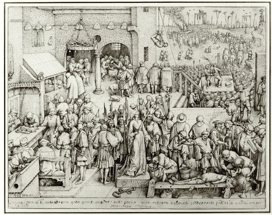 Pieter Brueghel der Ältere, Justitia (Gerechtigkeit, pesonifizierung, Frau, Waagschalen Schwert, Strafen, Enthaupten, Ertränken, Folter, Hinrichtung, Manierismus, Klassiker, Zeichnung, Wunschgröße, Wohnzimmer, bunt)