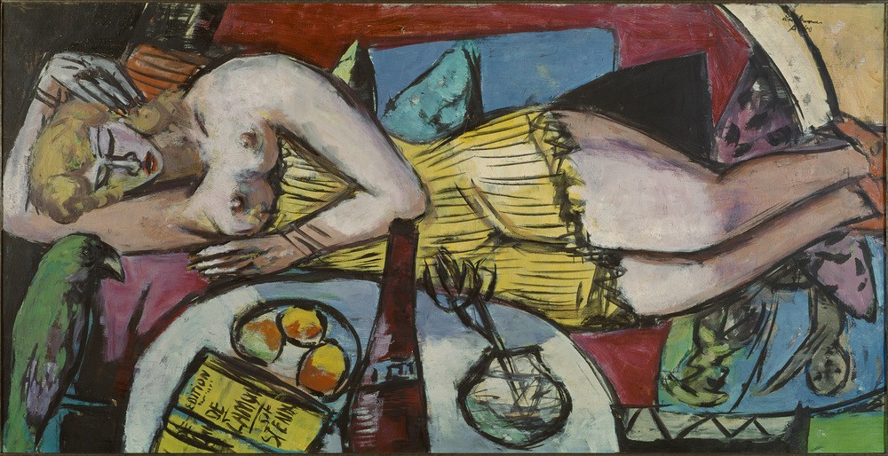 Max Beckmann, Ruhende Frau (Frau Welt) (Ferau, Schlafende, Halbakt, aktmalerei, Expressionismus, Klassische Moderne, Malerei, Wohnzimmer, Treppenhaus, Wunschgröße, bunt)