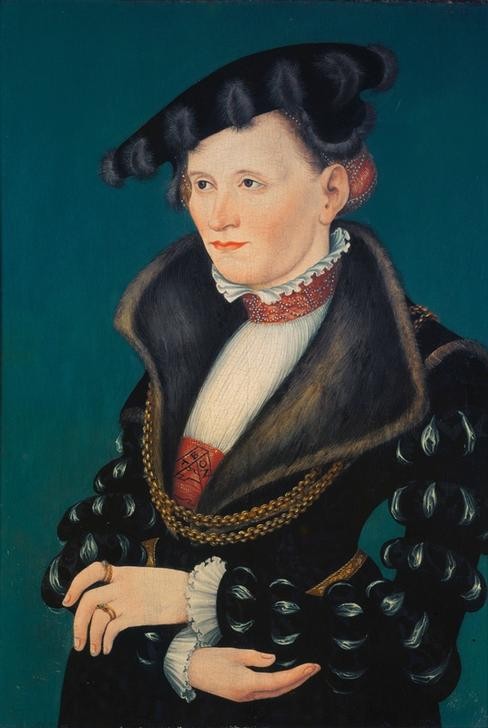 Lucas Cranach der Ältere, Bildnis einer jungen Frau (Bildnis, Portrait, Frau, Adel, Eleganz, Schmuck, Gold, Pelz, Gesellschaft, Menschen, Portrait, Klassiker, Renaissance, Wunschgröße, Wohnzimmer)
