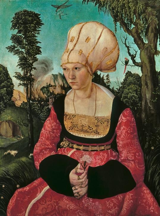 Lucas Cranach der Ältere, Anna Cuspinian (Anna Putsch, Dilomatengattin, Damenmode, Kopfbedeckung,   Mode, Bildnis, Frau, Adel, Eleganz, Schmuck, Gold, Haube, Persönlichkeiten, Gesellschaft, Menschen, Portrait, Klassiker, Renaissance, Wunschgröße, Wohnzimmer)