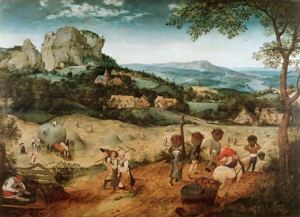 Pieter Brueghel der Ältere, Die Heuernte (Ernte,Flämische Kunst,Heuwagen,Jahr Und Kalender,Jahreszeiten,Juli,Kunst,Landschaft,Monat,Pferd (Tier),Sommer,Renaissance,Heu,Lasttier,Niederländische Kunst,Landleben,Landbevölkerung,Landwirtschaft,Fuhrwerk)