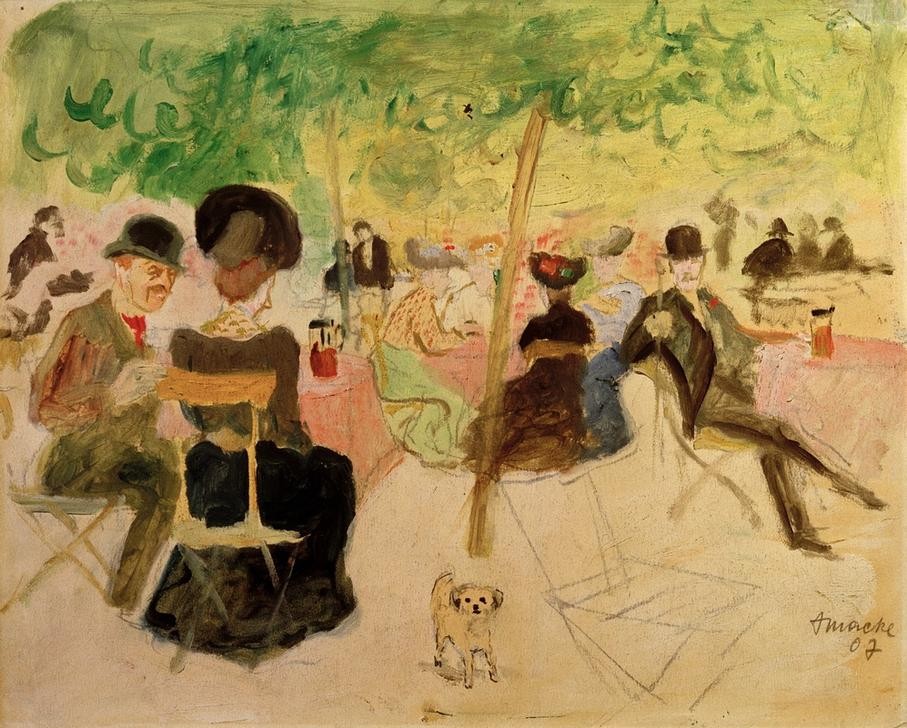 August Macke, Wirtshausgarten (Ausflugslokal,Damenmode,Deutsche Kunst,Essen Und Trinken,Frau,Gartenwirtschaft,Gastronomie,Gesellschaftliches Leben,Herrenmode,Kunst,Mann,Mode,Freizeit,Impressionismus,Hut,Hund,Klappstuhl,Im Freien (Allgemein),Eleganz,Kleidung (Allgemein),Jahrhundertwende)