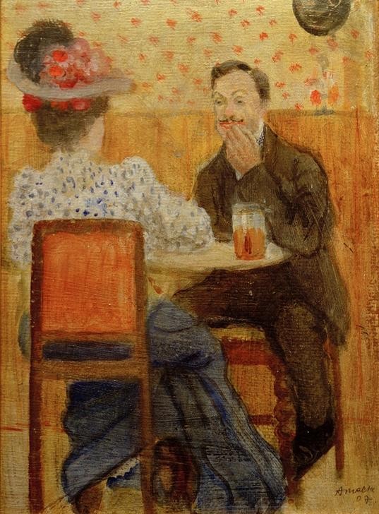 August Macke, Paar am Biertisch (Alkohol,Bier,Deutsche Kunst,Essen Und Trinken,Frau,Gastronomie,Glas,Kunst,Mann,Impressionismus,Genussmittel,Hut,Tisch,Kneipe,Paar,Sitzen,Jahrhundertwende,Bistro,Privatsammlung,Unterhaltung (Gespräch))