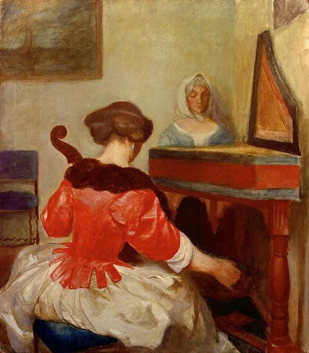 August Macke, Das Konzert, Kopie nach Gerard ter Borch (Cembalo,Damenmode,Deutsche Kunst,Frau,Hausmusik,Konzert,Kunst,Musik,Violoncello,Barock,Instrument,Seide,Bürgertum,Kopie,Rückenfigur,Niederländische Kunst,Kleid,Frauenleben,Jahrhundertwende,Violoncellistin,Privatsammlung,Klavicymbal)