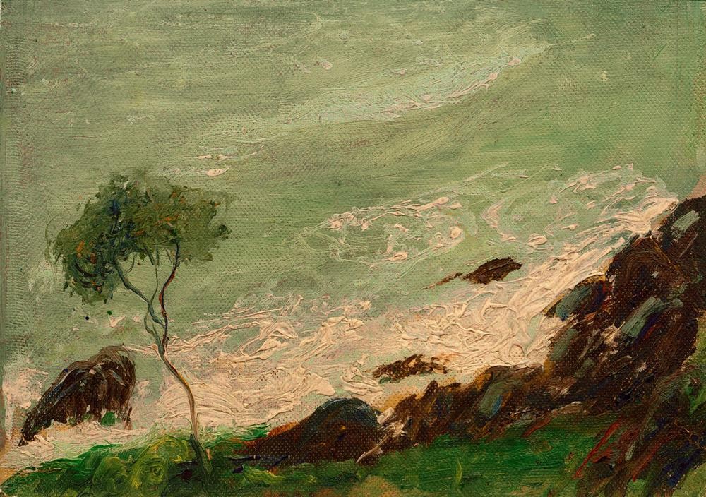 August Macke, Baum am Meer bei Rapallo (Deutsche Kunst,Himmel (Natur),Kunst,Landschaft,Wolke,Baum,Wind,Jahrhundertwende,Privatsammlung)