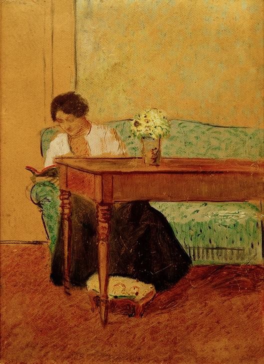 August Macke, Elisabeth auf grünem Sofa, lesend (Ehefrau,Buch,Familie,Frau,Kunst,Freizeit,Wohnzimmer,Tisch,Ehefrau Von Berühmten,Portrait,Lesen (Allgemein),Sofa,Fussbank,Leserin,Jahrhundertwende,Entspannung,Privatsammlung,Person)
