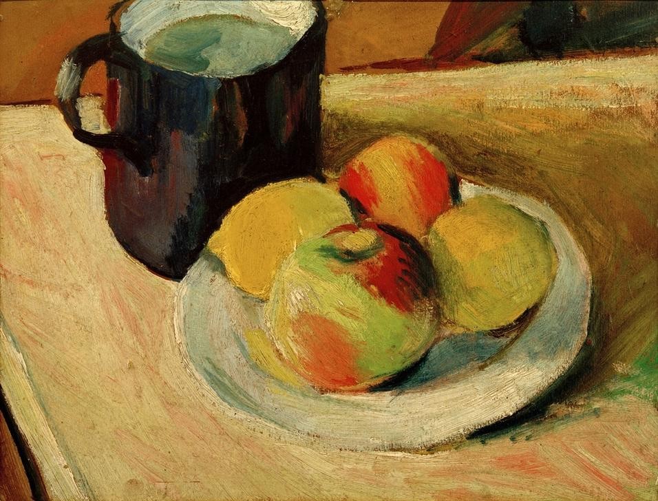 August Macke, Milchkrug und Äpfel auf Teller (Apfel,Deutsche Kunst,Früchte,Kunst,Obst,Stillleben,Teller,Jahrhundertwende,Privatsammlung,Becher,Tasse)