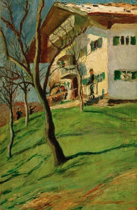 August Macke, Unser Häuschen in Tegernsee (Bauernhaus,Deutsche Kunst,Geographie,Haus,Kunst,Wohnhaus (Allgemein),Wohnhaus Von Berühmten,Impressionismus,Wiese,Architekturdarstellung,Topographie,Privatsammlung)