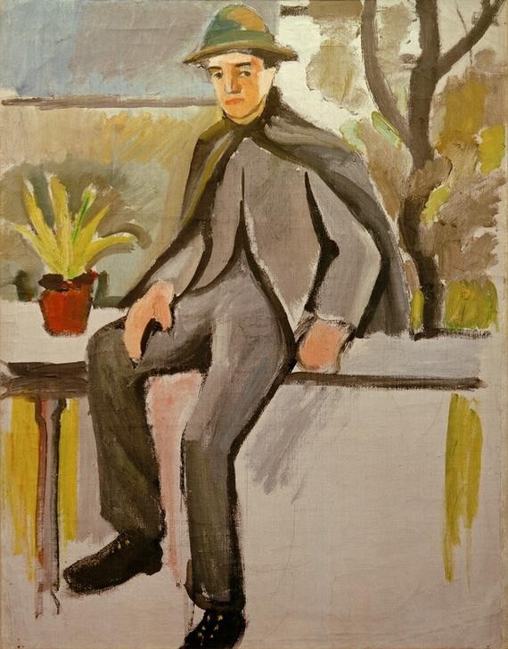 August Macke, Bauernbursche auf Balkon (Balkon,Deutsche Kunst,Kunst,Mann,Mensch,Hut,Portrait,Topfpflanze,Knabe,Cape,Privatsammlung,Umhang,Junger Mann)