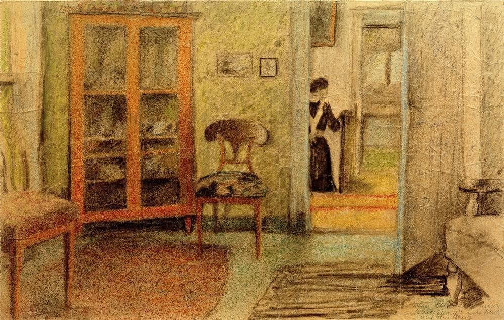 August Macke, Unser Wohnzimmer mit Blick auf den Gang (Bauernhaus,Deutsche Kunst,Frau,Geographie,Haus,Kunst,Tür,Wohnhaus (Allgemein),Wohnzimmer,Wohnhaus Von Berühmten,Interieur,Architekturdarstellung,Innenansicht,Eckschrank,Topographie,Privatsammlung,Durchblick)