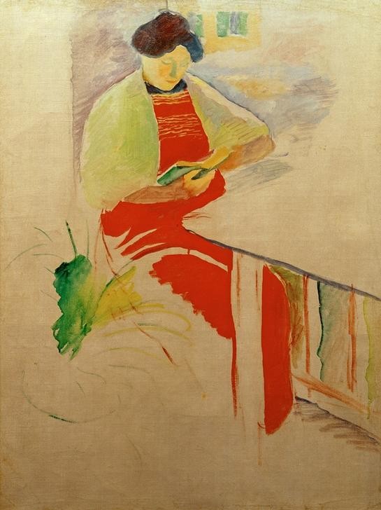 August Macke, Frau mit roter Schürze auf Balkon (Elisabeth) (Ehefrau,Buch,Familie,Frau,Kunst,Freizeit,Tisch,Ehefrau Von Berühmten,Portrait,Lesen (Allgemein),Schultertuch,Kleid,Leserin,Entspannung,Rot,Privatsammlung,Person)