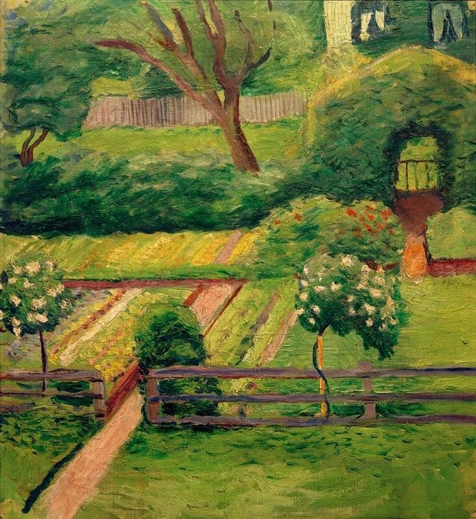 August Macke, Rosengärtchen in Tegernsee (Deutsche Kunst,Garten Und Park,Haus,Kunst,Landschaft,Rose,Stockrose,Zaun,Hausgarten,Privatsammlung,Rosengarten,Beet,Garten)