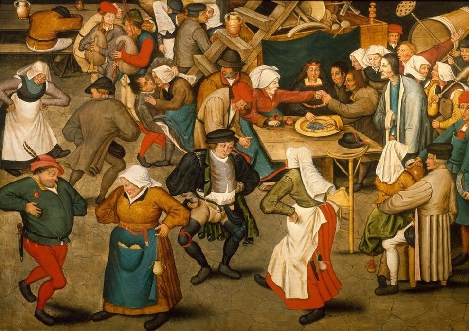 Pieter Brueghel der Jüngere, Der Hochzeitstanz im Innenraum (Flämische Kunst,Gesellschaftstanz,Hochzeit,Kunst,Liebe Und Ehe,Mensch,Musik,Tanz,Volkskunde,Renaissance,Volkstanz,Genre,Niederländische Kunst,Landleben,Ausgelassenheit,Landbevölkerung,Dorfbewohner,Dorfleben,Komik)