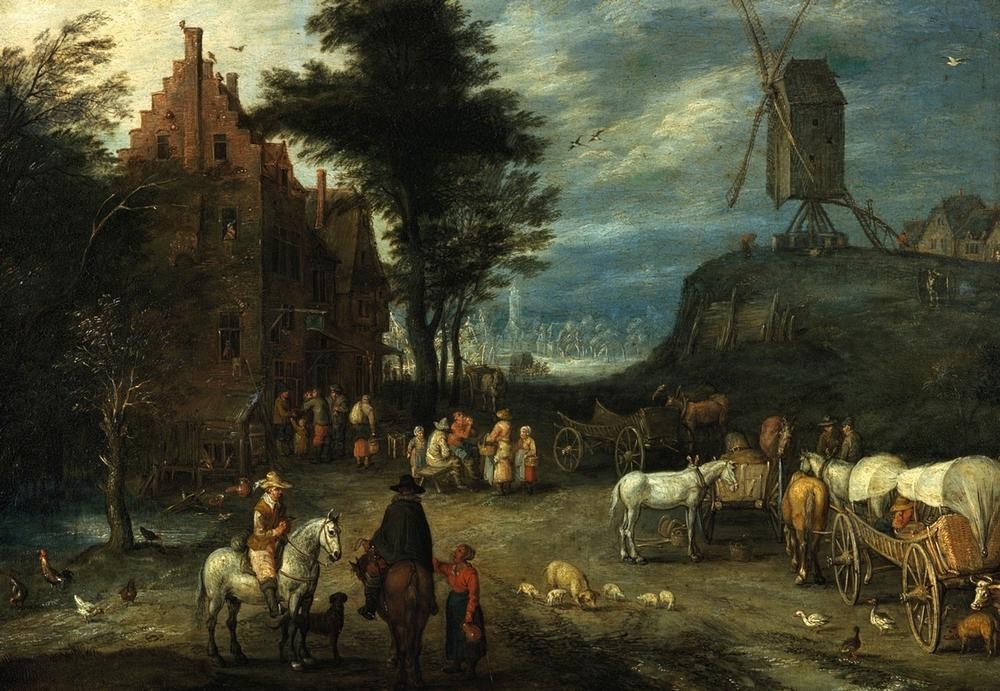 Jan Brueghel der Ältere, Dorfstraße (Dorfstrasse, Dorf, Mühle, Pferde, Reiter, Landleben,  Reisende, Fuhrwerk, Alltagsszene, bäuerlich, Barock, Wunschgröße, Klassiker,  Samtbrueghel, Wohnzimmer)