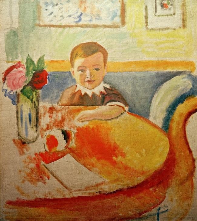 August Macke, Bildnis Walter Macke mit Rosenstrauß (Deutsche Kunst,Kind,Kunst,Mensch,Wohnzimmer,Tisch,Kleinkind,Portrait,Interieur,Sofa,Knabe,Kind Berühmter Persönlichkeiten,Sohn Von Berühmten,Privatsammlung)