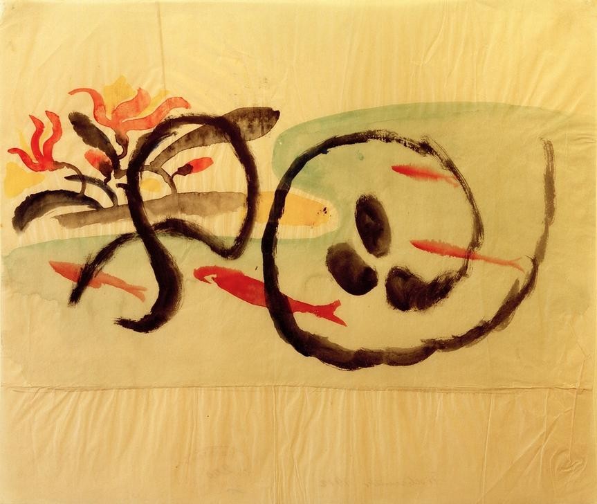 August Macke, Fischmuster, Entwurf für Stickerei (Deutsche Kunst,Gewässer,Kunst,Textil,Fisch,Ornamentik,Expressionismus,Der Blaue Reiter,Abstrakte Kunst,Entwurf,Abstraktion,Privatsammlung)