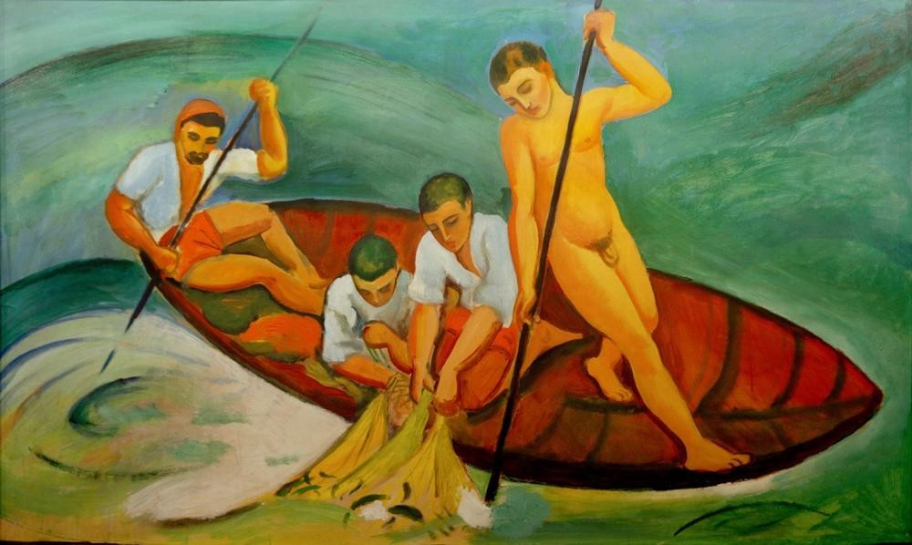 August Macke, Großer Fischzug (Boot,Deutsche Kunst,Fischer,Fischerei,Gewässer,Kunst,Mann,Schiff,Fischerboot,Meer,Akt,Expressionismus,Der Blaue Reiter,Fischernetz,Schifffahrt,Junger Mann)