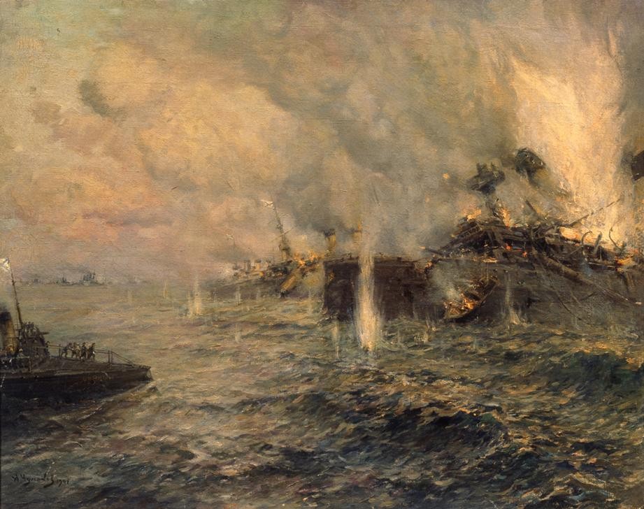 Arkadi Afanassjewitsch Tschumakow, Die Seeschlacht bei Tsushima am 27. Mai 1905 (Feuer,Geschichte,Kriegsschiff,Kunst,Schiff,Sowjetische Kunst,Schlacht,Realismus,Russisch-Japanischer Krieg,Seeschlacht,Marinemalerei,Russische Kunst,Brand)