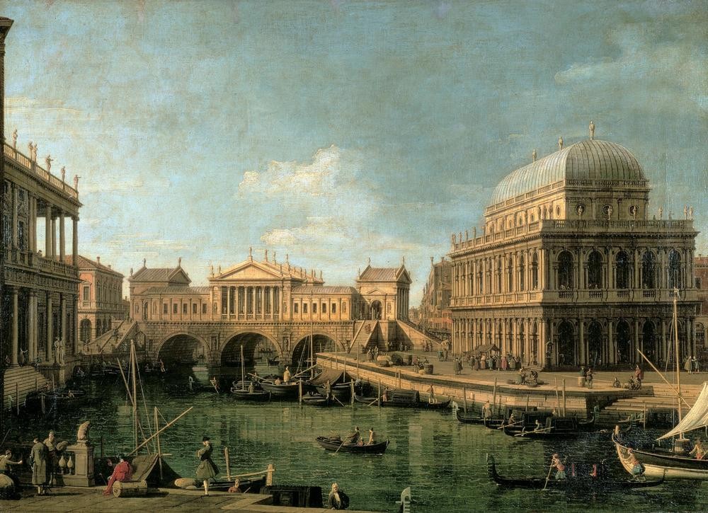 Giovanni Antonio Canaletto, Capriccio mit dem Ponte di Rialto in Venedig nach dem Entwu (Wunschgröße, Malerei, Venedig, Vedute, Stadtansicht, Städte,  Canale, Gondeln, Brücke, Lagune, Boote, Italien, Klassiker, Wohnzimmer, bunt)