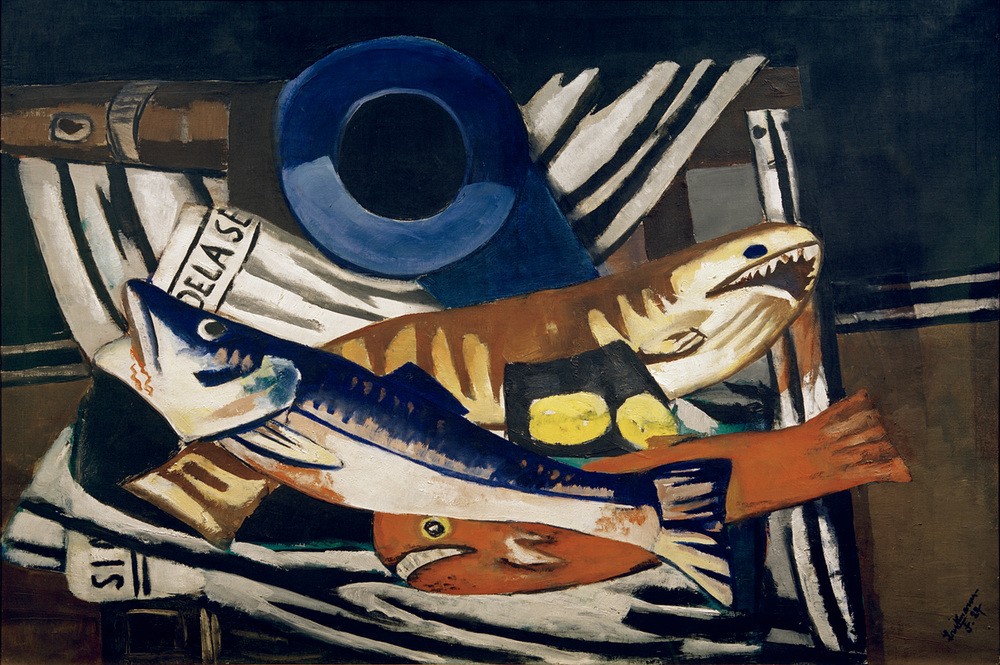 Max Beckmann, Großes Fischstilleben (Stillleben, Fische, Fischteller, Expressionismus, Klassische Moderne, Malerei, Wohnzimmer, Esszimmer, Küche, Wunschgröße, bunt)