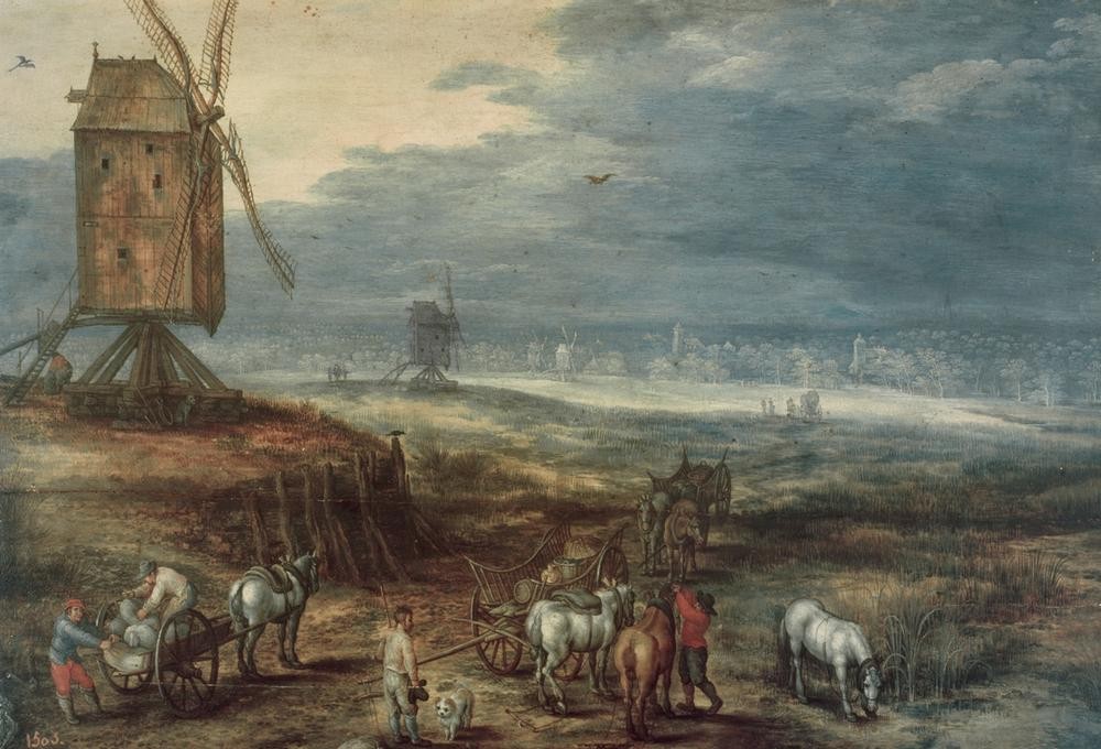 Jan Brueghel der Ältere, Landschaft mit Windmühlen (Landschaft, Mühle, Pferdewagen, Transport, Bockwindmühle, Fuhrwerk, Landleben, bäuerlich, Barock, Wunschgröße, Klassiker,   Samtbrueghel, Wohnzimmer)