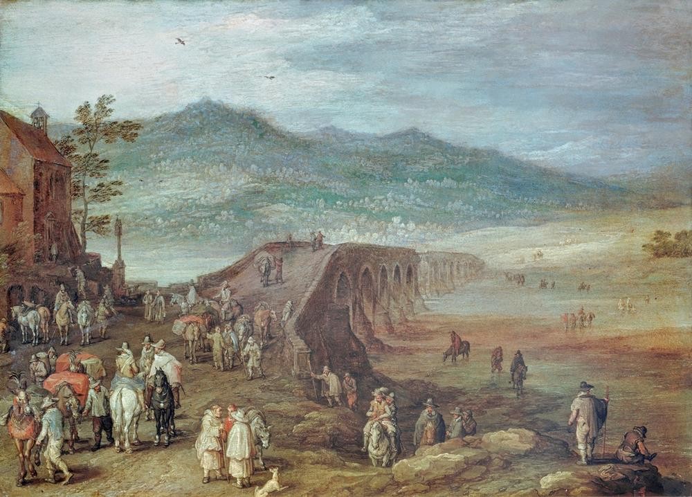 Jan Brueghel der Ältere, Brücke zu Talavera (Brücke, Antike Brücke, römisch, Reisende, Landstraße, Landschaft, Gasthaus, ländlich, Fluss, Tajo, Spanien, Barock, Wunschgröße, Klassiker,  Samtbrueghel, Wohnzimmer)