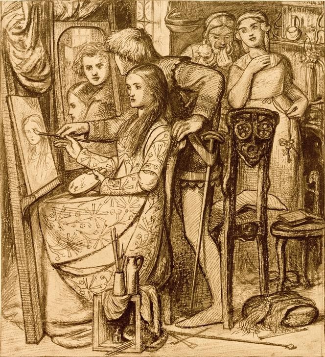 Dante Gabriel Rossetti, Love’s Mirror (Frau,Künstler Und Modell,Künstlerleben,Künstler,Kunst,Liebe,Liebe Und Ehe,Liebespaar,Maler (Künstler),Mann,Modell,Spiegel,Staffelei,Künstler Bei Der Arbeit,Bild Im Bild,Präraffaeliten,Englische Kunst,Spiegelbild,Viktorianische Kunst,Malen)