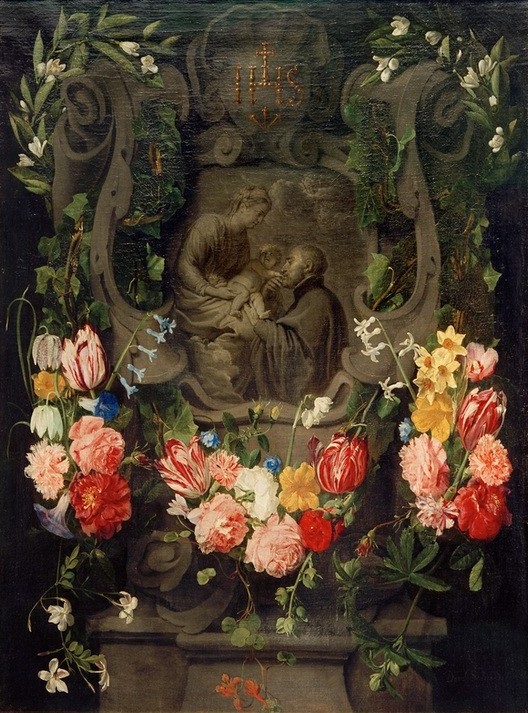 Daniel Seghers, Blumengeschmückte Kartusche mit der Darstellung der Mutterg (Christentum, Religion, Barock, Maria, Christuskind, Jesus,  Kartusche, Inschrift, Stifterfigur, Stillleben, Blumen, üppig, Tulpen, Rosen, Goldenes Zeitalter, Malerei, Wunschgröße, Klassiker, Wohnzimmer)
